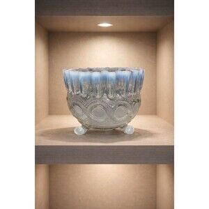 Northwood Clear & Blue Three Footed Ruffled Edge 4 In Tall Dish